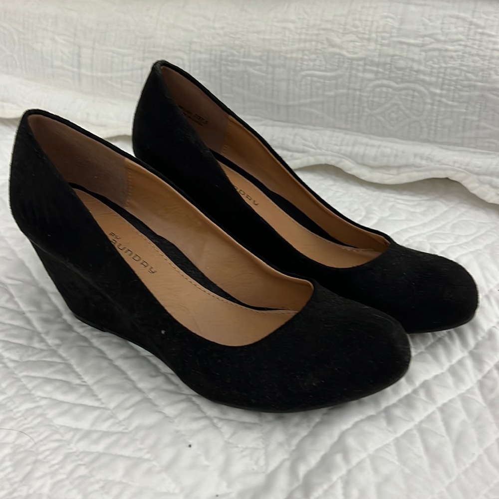 Black suede CL by Laundry wedges worn once. Size 7